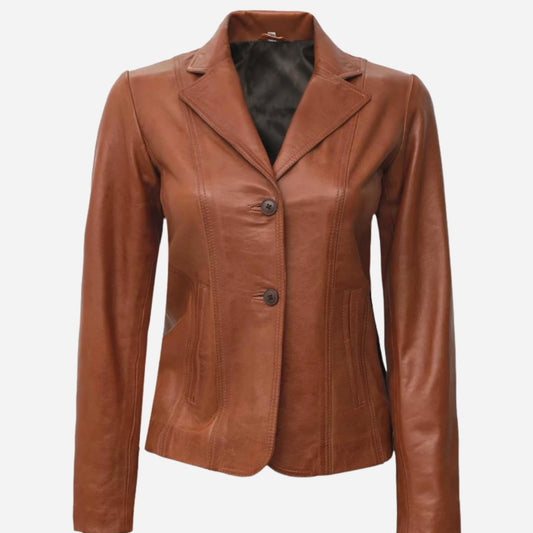 Womens Two Button Tan Leather Blazer Verified Leather