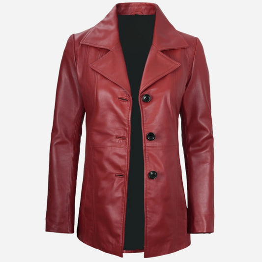 Womens Three Button Red Leather Blazer Verified Leather