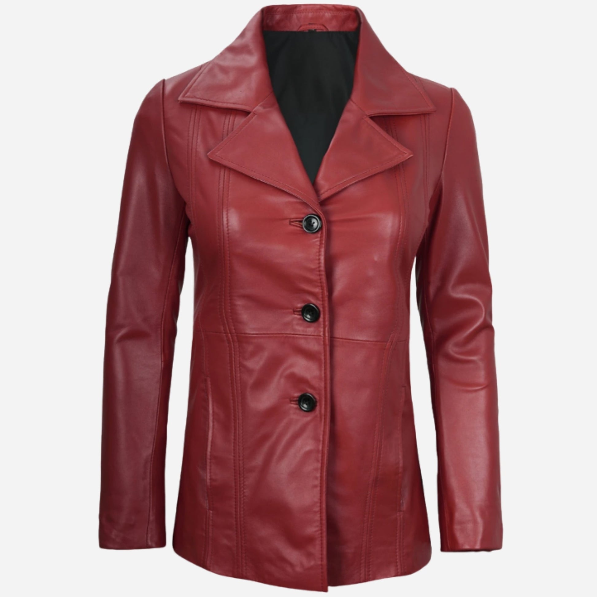 Womens Three Button Red Leather Blazer Verified Leather