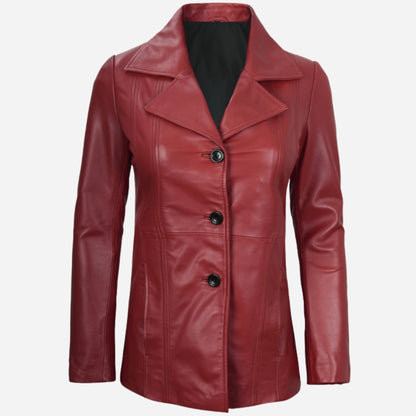 Womens Three Button Red Leather Blazer Verified Leather