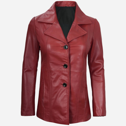 Womens Three Button Red Leather Blazer Verified Leather