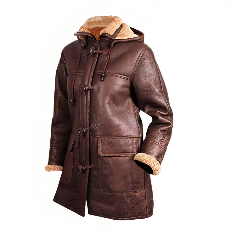 Women Fur Shearling Hooded Leather Duffle Coat