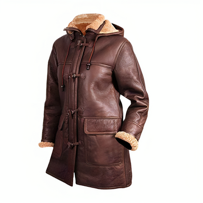 Women Fur Shearling Hooded Leather Duffle Coat