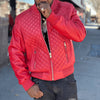 Men Quilted Casual Varsity Red Bomber Leather Jacket