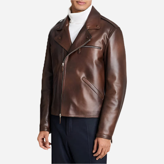 Brown Asymmetric Zip Motorcycle leather Jackets Verified Leather
