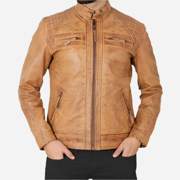 Mens Brown Quilted Leather Motorcycle Jacket