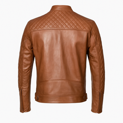 Mens Brown Quilted Leather Motorcycle Jacket Verified Leather