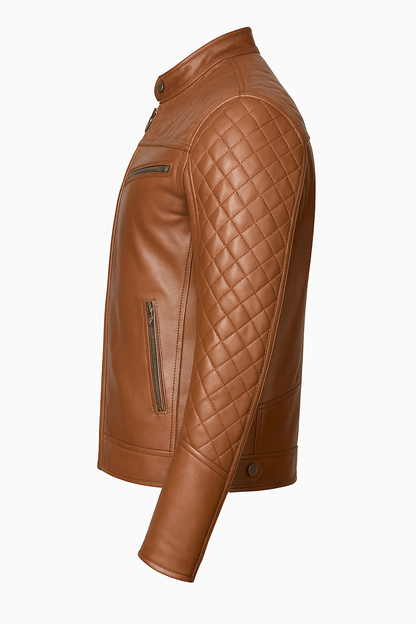 Mens Brown Quilted Leather Motorcycle Jacket Verified Leather
