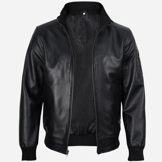 Men's Black Cowhide Leather Bomber Jacket