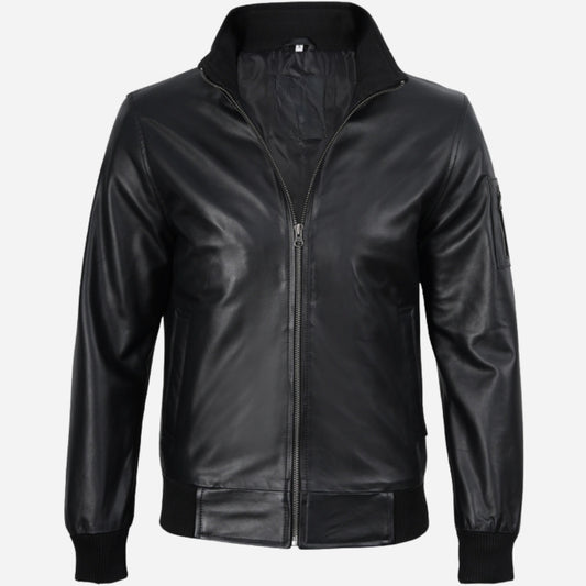 Men's Black Cowhide Leather Bomber Jacket