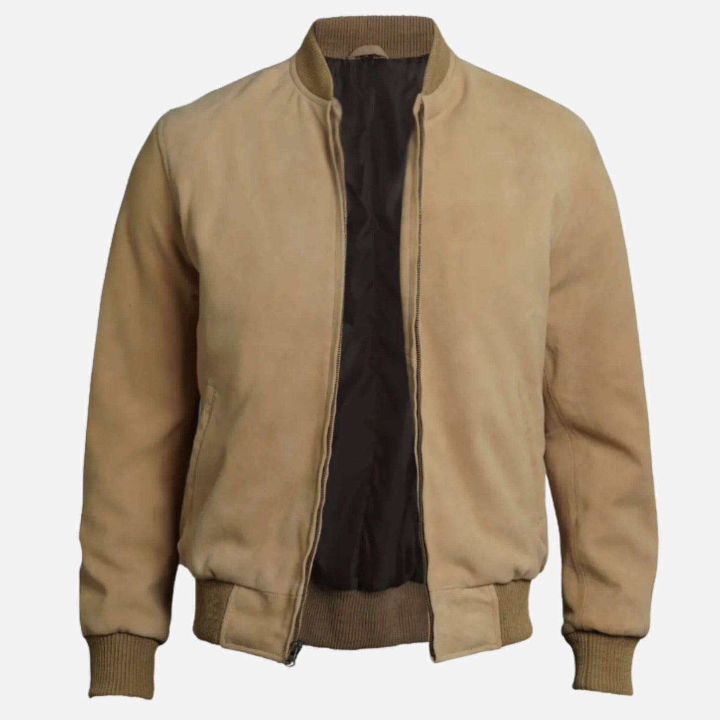 Men's Camel Brown Suede Bomber Jacket Verified Leather