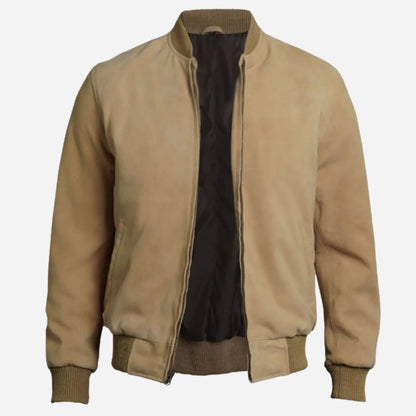 Men's Camel Brown Suede Bomber Jacket Verified Leather
