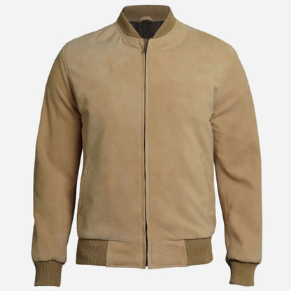 Men's Camel Brown Suede Bomber Jacket Verified Leather