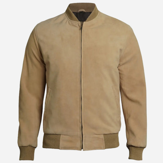 Men's Camel Brown Suede Bomber Jacket