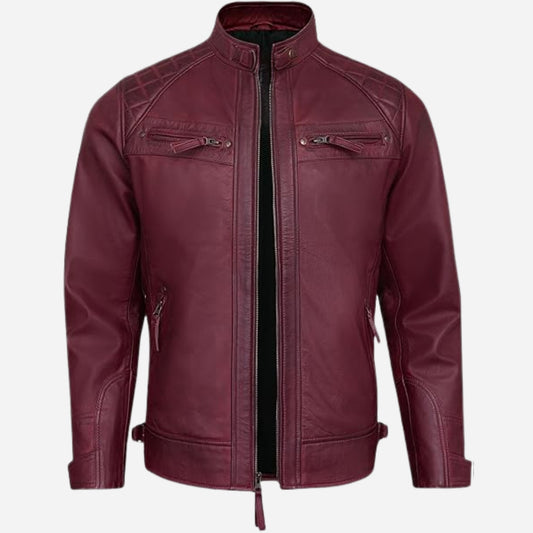Real Leather Jacket Men - Quilted Motorcycle Style Euro Collar