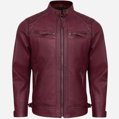 Real Leather Jacket Men - Quilted Motorcycle Style Euro Collar