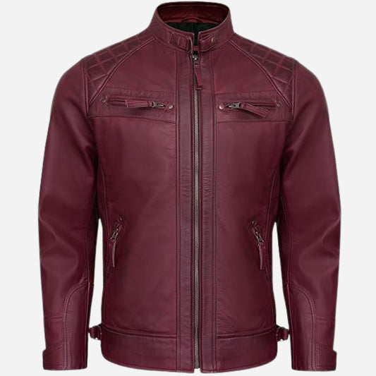 Real Leather Jacket Men - Quilted Motorcycle Style Euro Collar