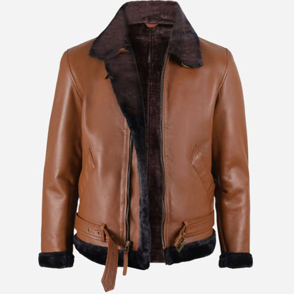 Men's Cognac Leather Shearling Bomber Jacket Shearling collar and cuffs Verified Leather