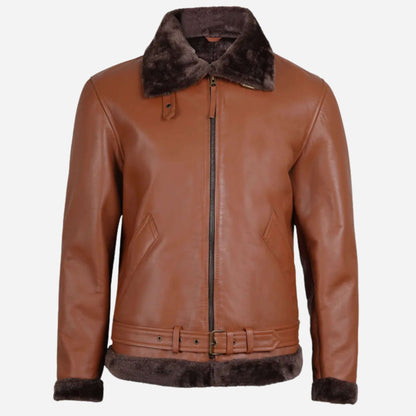 Men's Cognac Leather Shearling Bomber Jacket Shearling collar and cuffs Verified Leather