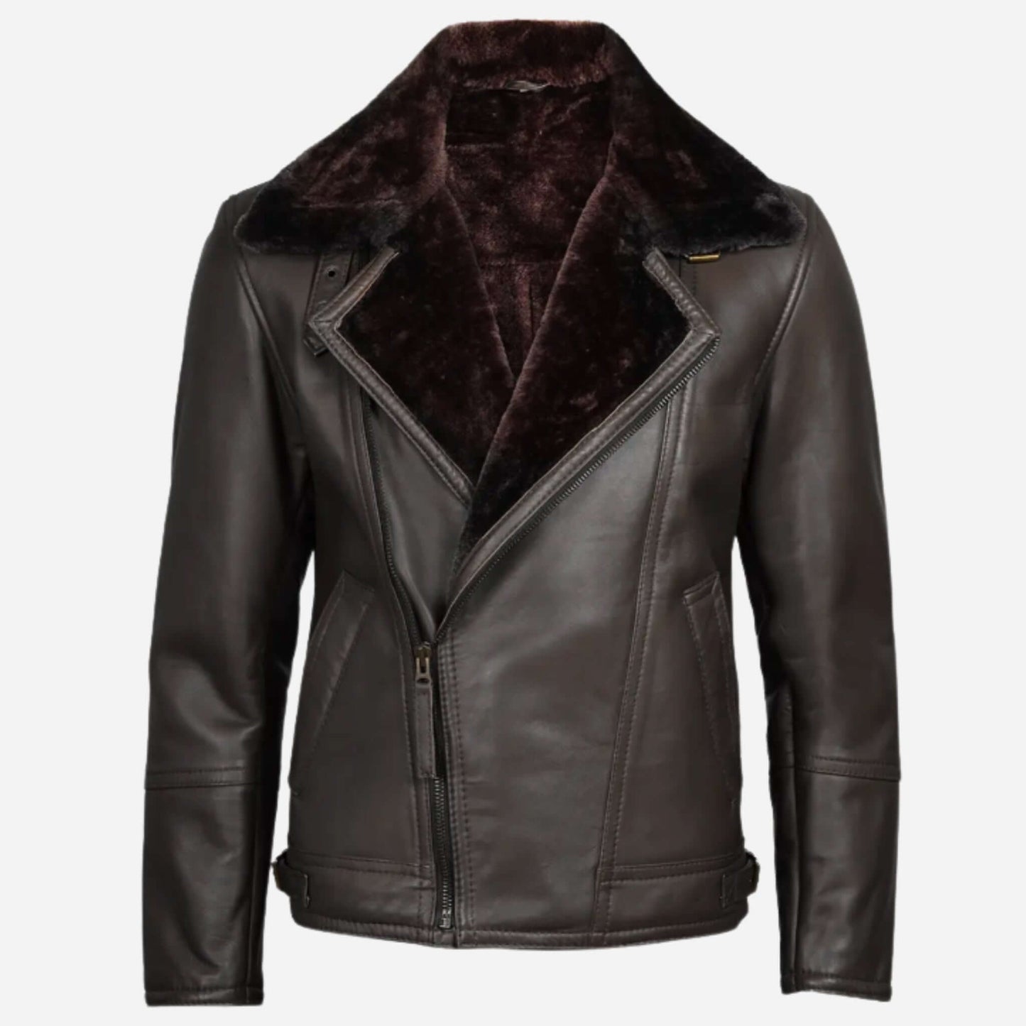 Men's Dark Brown Shearling Leather Moto Jacket Asymmetrical Shearling Lining Verified Leather