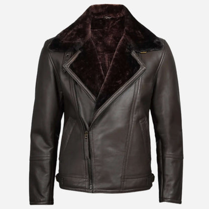 Men's Dark Brown Shearling Leather Moto Jacket Asymmetrical Shearling Lining Verified Leather