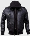 Mens Black Bomber Hooded Leather Jacket