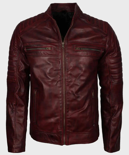 Vintage Cafe Racer Maroon Leather Jacket Verified Leather