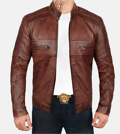 Men Brown Distressed Biker Leather Jacket