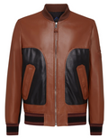 Men's Brown and Black Leather Bomber Jacket