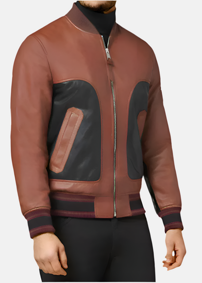 Men's Brown and Black Leather Bomber Jacket