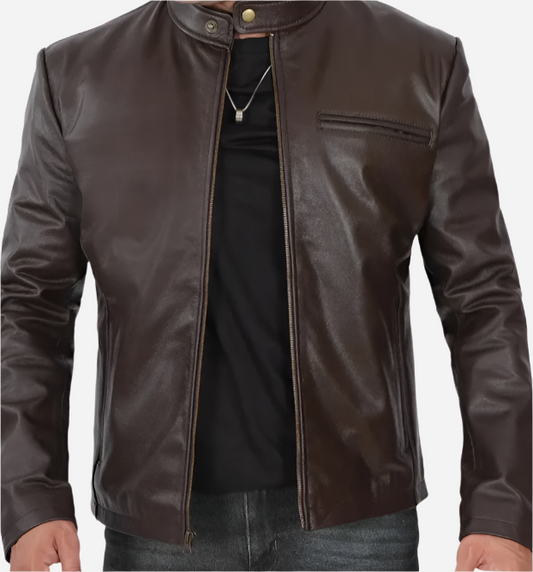 Mens Dark Brown Premium Cowhide Leather Cafe Racer Jacket