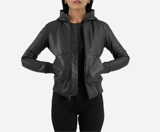 Luna Black Hooded Leather Bomber Jacket Verified Leather