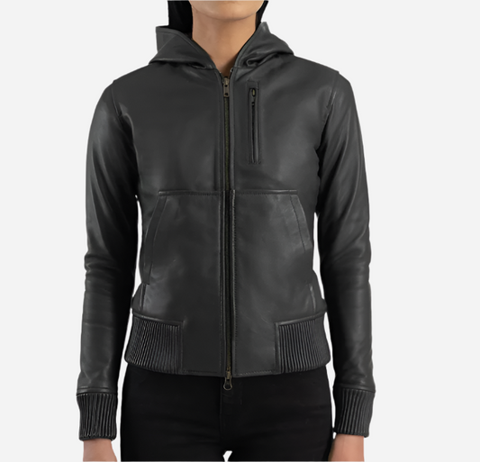 Luna Black Hooded Leather Bomber Jacket Verified Leather