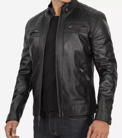 Men's Tall Quilted Shoulder Black Cafe Racer Leather Jacket