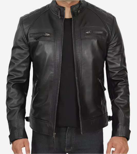 Men's Tall Quilted Shoulder Black Cafe Racer Leather Jacket