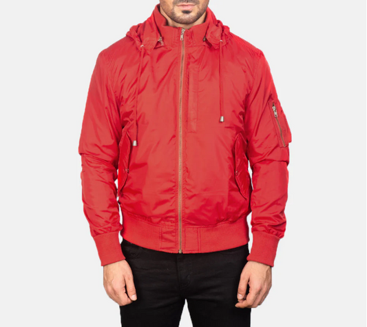 Red Hooded Bomber Jacket Verified Leather