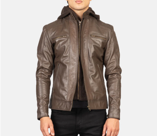 Hector Brown Hooded Leather Biker Jacket