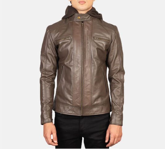 Hector Brown Hooded Leather Biker Jacket