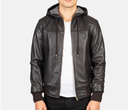 Nintenzo Brown Hooded Leather Bomber Jacket Verified Leather