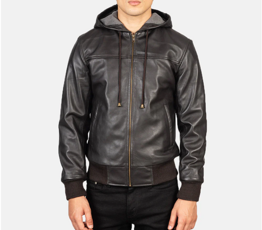 Nintenzo Brown Hooded Leather Bomber Jacket Verified Leather