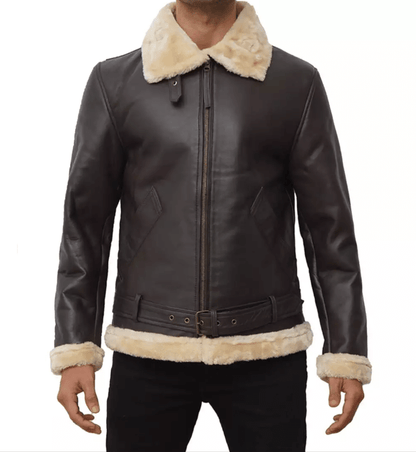 Mens Real Leather Dark Brown Shearling Bomber Jacket Verified Leather