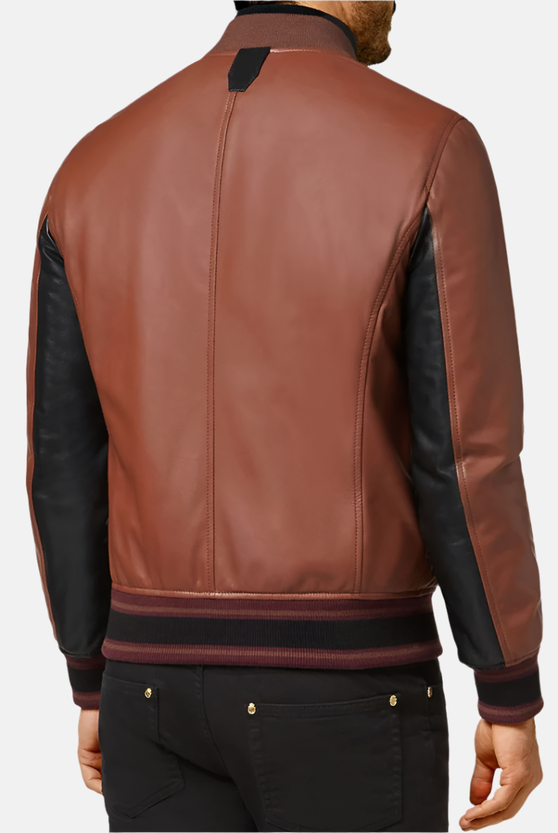 Men's Brown and Black Leather Bomber Jacket