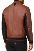 Men's Brown and Black Leather Bomber Jacket