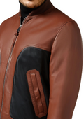 Men's Brown and Black Leather Bomber Jacket