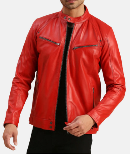Men's Red Leather Jacket with Zippered Pockets