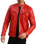 Men's Red Leather Jacket with Zippered Pockets and Snap Button Collar