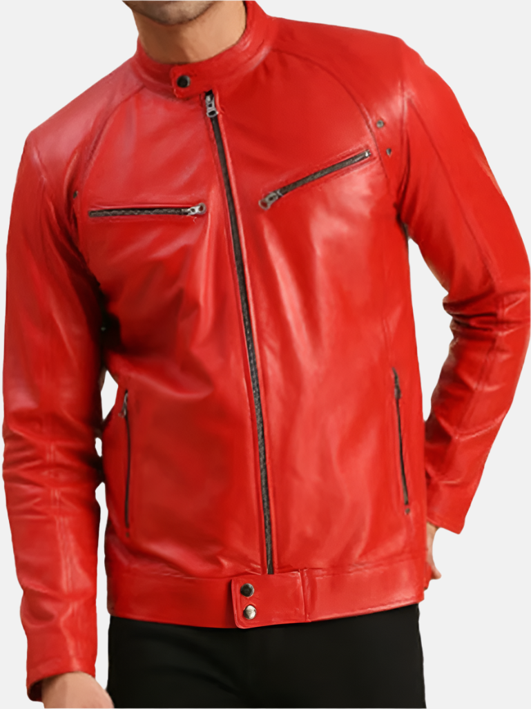 Men's Red Leather Jacket with Zippered Pockets