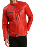 Men's Red Leather Jacket with Zippered Pockets and Snap Button Collar