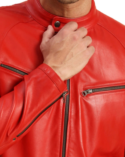 Men's Red Leather Jacket with Zippered Pockets