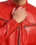 Men's Red Leather Jacket with Zippered Pockets and Snap Button Collar